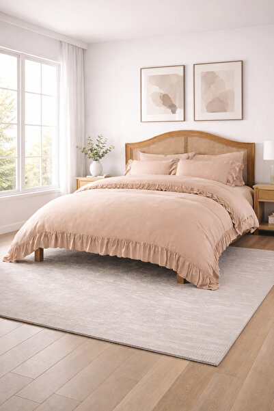 RİTMOHOME King Size Battal Boy Çift Kişilik Toprak Rengi Fırfırlı Pamuklu Vin...