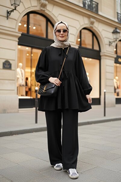 Aselim Hijap Moda بدلة مزدوجة مع بنطال من القماش المنسوج برباط مكشكش باللون ا...