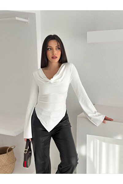 CKM MODA Drapeli Uzun Kollu Bluz Beyaz