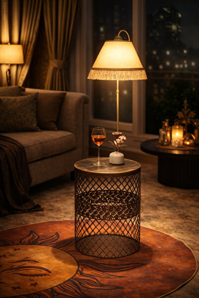 VENON Sehpalı Lambader Elips Siyah Sarı Patine ⭐️Krem Kumaş Şapka Sarı Püskül...