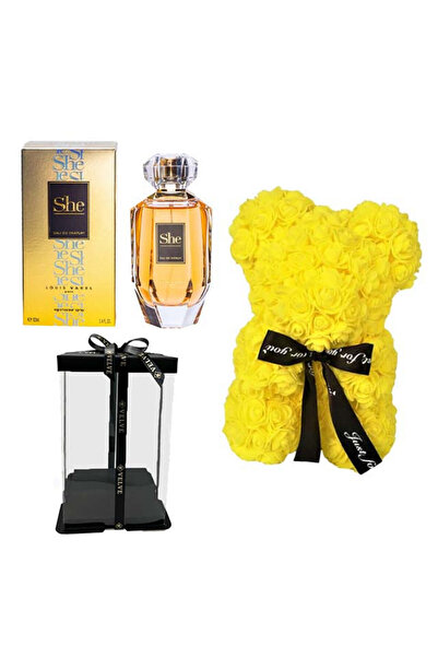 velve Set cadou femei, Ursulet floral din spuma, galben 25 cm si Parfum Louis...