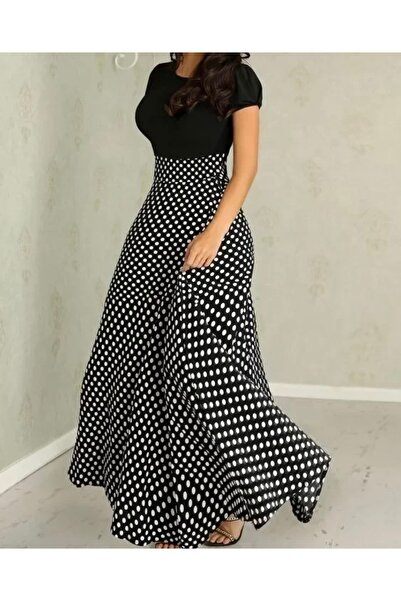 rengamoda Krep Kumaş Puantiyeli Likralı Tam Boy Yazlık Mezuniyet Düğün Elbise