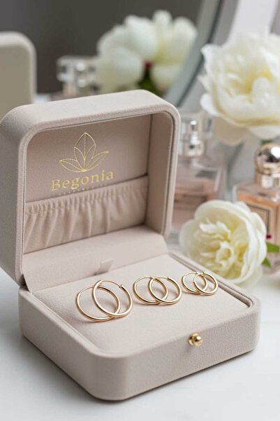 Öte Beri Öteberi 925 Ayar Gold Gümüş Unisex 3 Çift Antialerjik Halka Küpe Set