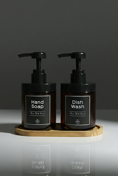 Mienda Home Ahşap Stantlı 2'li Amber Cam Sabunluk Seti 220 ml Hand Soap & Dis...