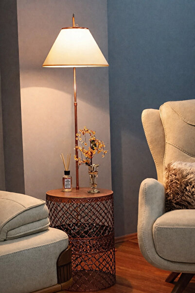 VENON Sehpalı Lambader Üçgen Siyah Bakır Patine⭐️ Krem Kumaş Şapka⭐️Metal Göv...