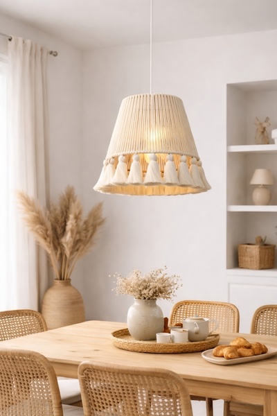 YUTEDEKOR El Yapımı Bohem Makrome Avize – Ekru | Arne Retro 30 cm