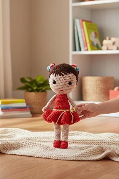 Ellayda Kırmızı Elbiseli Oyun ve Uyku Arkadaşı El İşi Oyuncak Bebek