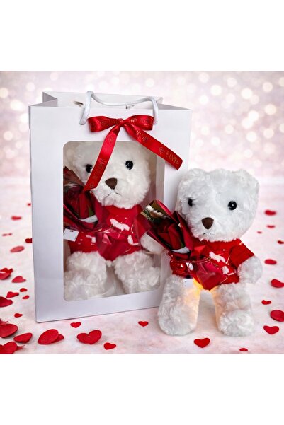 velve Pachet Special Valentine, urs de plus 30cm cu LED si buchetel trandafir...