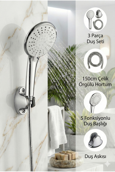 Plodna House Kaliteli 5 Fonksiyonlu Büyük Boy Krom Duş Başlığı 150cm Örgülü H...