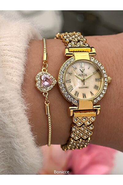 Fiesta ساعة يد وسوار من الفولاذ ذو اللون الذهبي 5 ATM للعروس والخطوبة