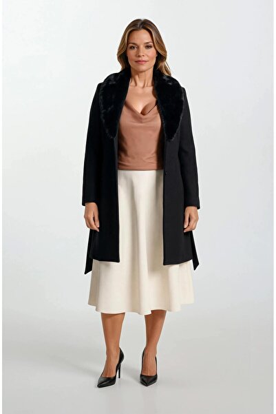 Spazio Forestier Şal Yaka Kürklü Tek Düğme Kuşaklı Kaban SİYAH