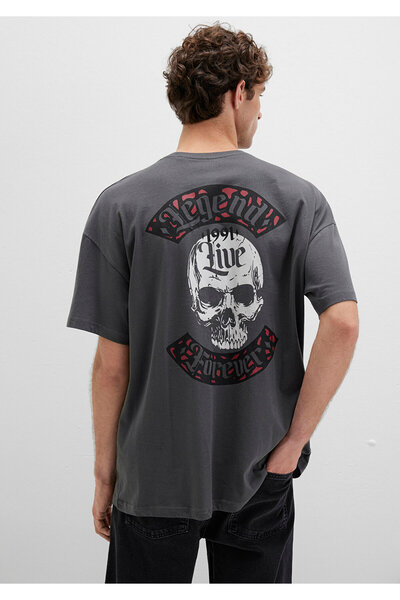 Mavi Anthrazitfarbenes T-Shirt mit Totenkopf-Aufdruck, Übergröße / Weite Pass...