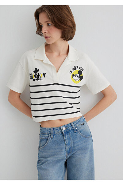 Mavi Mickey Mouse Baskılı Çizgili Tişört Regular Fit / Normal Kesim 1612853-8...