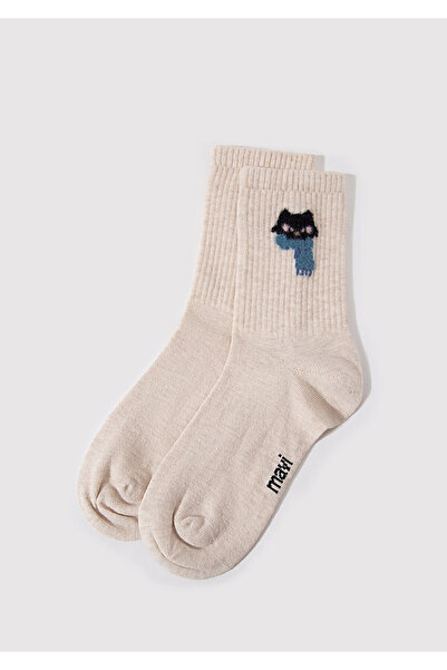 Mavi Beigefarbene Socken mit Katzenmuster 1912757-85929