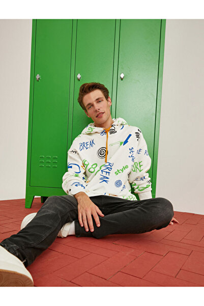 Koton هودي قصة فضفاضة سويت شيرت مبطن بالصوف جرافيتي مطبوع