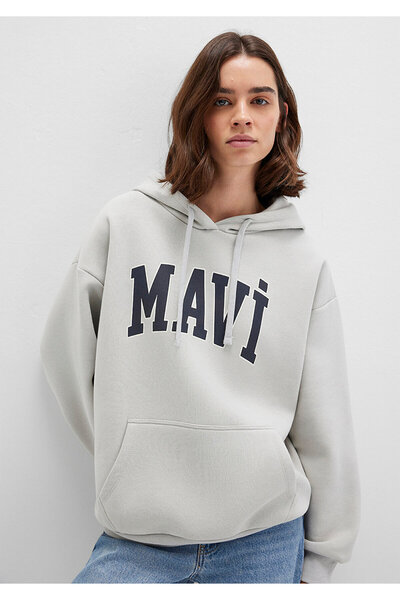 Mavi Logo Baskılı Kapüşonlu Gri Sweatshirt 1600361-34322