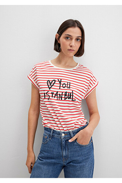 Mavi Love You bedrucktes gestreiftes Istanbul-T-Shirt mit normaler Passform 1...