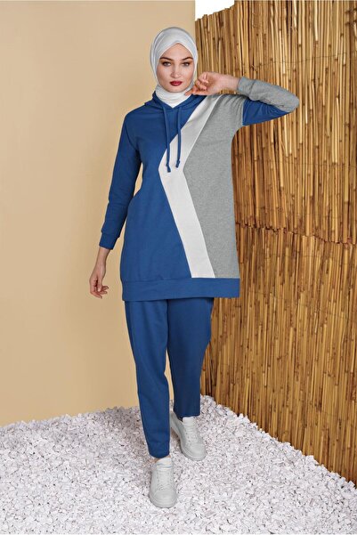 TRENDTESETTÜR KADIN LACİVERT (İNDİGO) ÜÇ RENK PANTOLONLU EŞOFMAN TAKIM 3555
