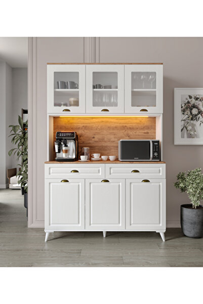 GuneyStore Gözde Kahve Köşesi - 140 cm MDF Ayaklı Mutfak Dolabı - LED Aydınla...