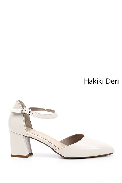 GÖNDERİ(R) Women's Beige Patent Leather Ankle Strap Mid-Heel Genuine Leather ...