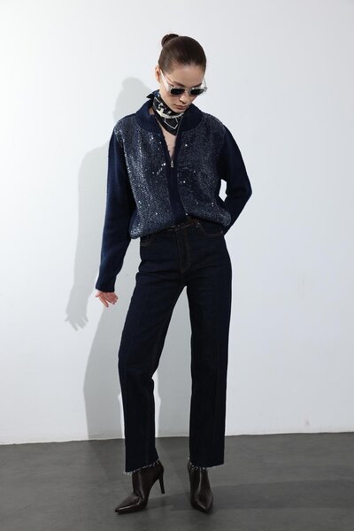 5in1Canpolat Blugi drepti material elastic cu centură, albastru închis, 2004