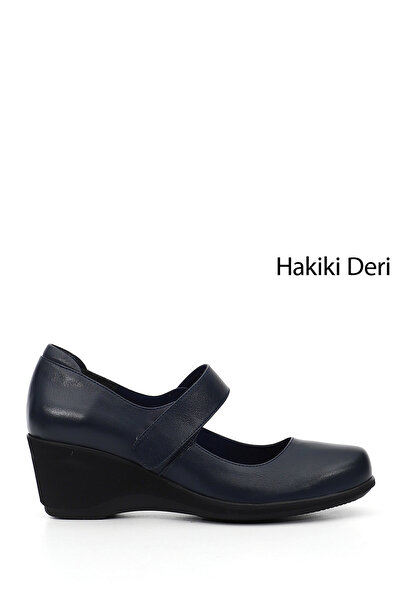 GÖNDERİ(R) Women's Navy Blue Wedge Sole Genuine Leather Mary Jane Shoes