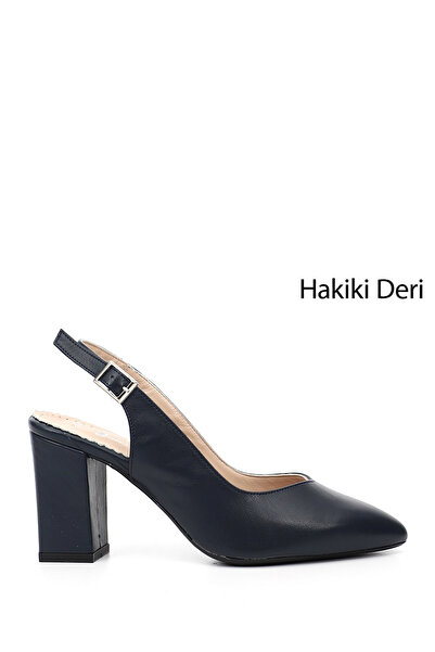 GÖNDERİ(R) Women's Navy Blue Thick Heeled Open Back Genuine Leather Shoes