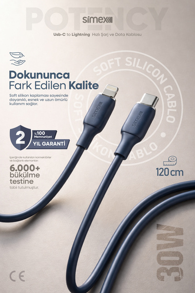Simex 30W Hızlı Şarj Type-C to Lightning Kablo – iPhone Uyumlu, Soft Silikon,...