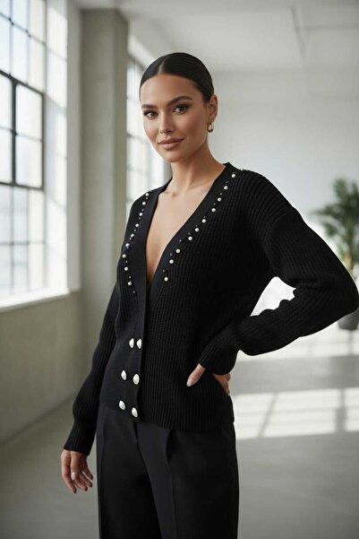 NEWCO Modern Style Double Row Button Detailed Stone Embellished V-Neck Knitwe...