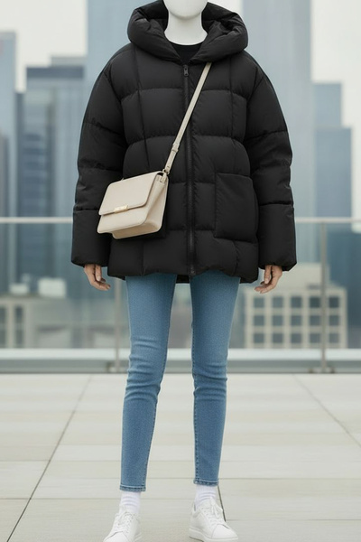 CurcunaShop Palton puf supradimensionat cu glugă model liliac, negru