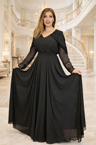 Yeşilmoda elbise abiye dantelli taşlı işlemeli Maksi krep ipek kumaş astarlı ...