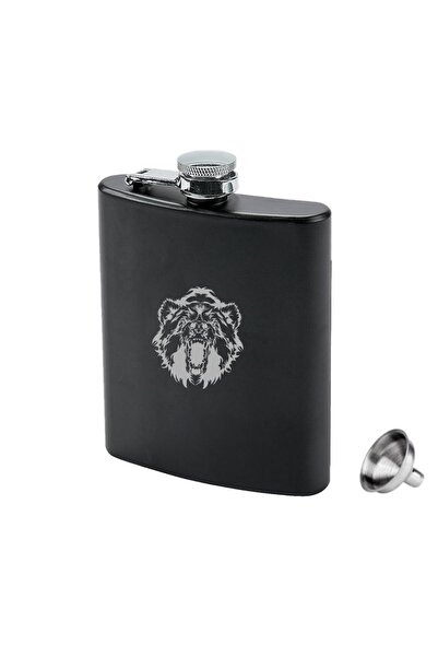 ANGELO Matte Black Stainless Steel Pocket Flask 8oz 240ml Wild Bear