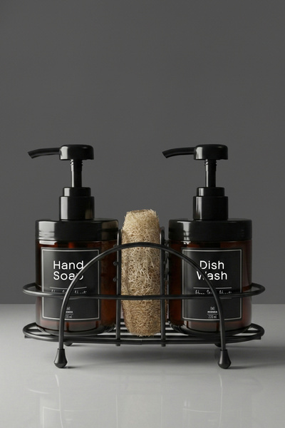 Mienda Home Set of 2 Amber Glass Soap Dispensers 220 ml with Black Metal Stand and Sponge Holder Kitchen Bathroom Set