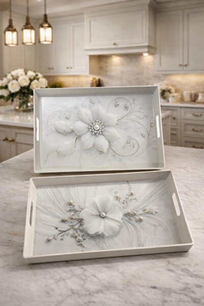 MAKRİ HOME طقم صينية تقديم مستطيلة مكون من قطعتين بتصميم زهور مزخرفة وأنيقة