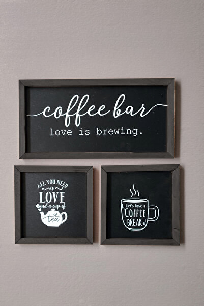 Wooden Factory Mutfak Çay Kahve Köşesi Ahşap Dekor Duvar Tablo Pano Set (SİYAH)