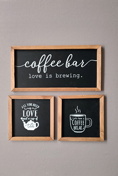 Tooall Mutfak Çay Kahve Köşesi Ahşap Dekor Duvar Tablo Pano Set (SİYAH)