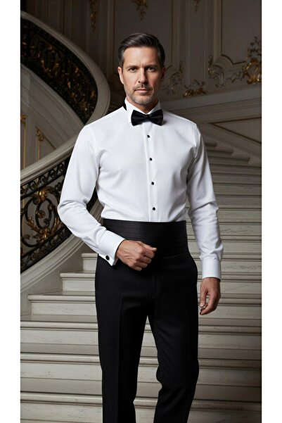 MEGALDİ Erkek Damatlık Ata Yaka Gömlek Siyah Düğmeli Beyaz