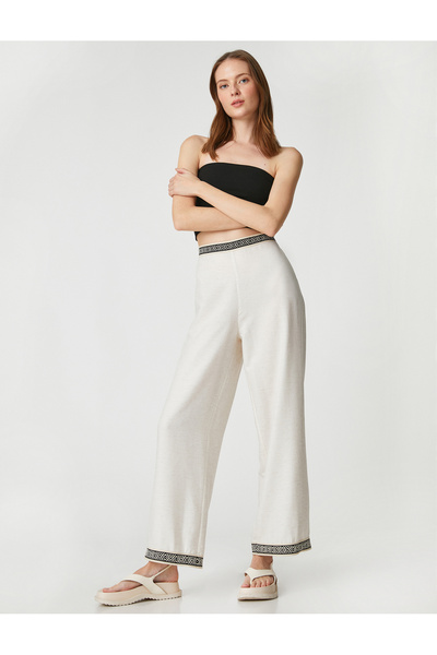 Koton بنطلون واسع الساق مع تفاصيل الأنابيب من مزيج الكتان