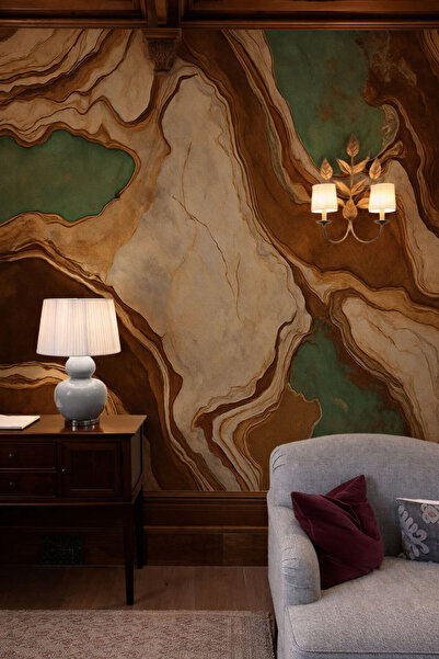 Arkhearts Kahverengi Yeşil Katmanlı Doğal Taş Desenli Duvar Kağıdı | Kendinde...