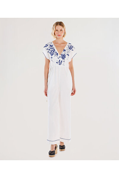 Yargıcı Belted Short Sleeve Jumpsuit with Embroidery Detail