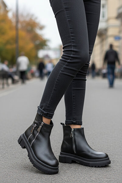 MelAlp حذاء نسائي من الجلد الطبيعي بسحاب مزدوج على الجانب مع إكسسوارات من جلد...