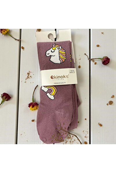 Ekinoks UNICORN KOTON DİKİŞSİZ KAYMAZ TABANLI KIZ ÇOCUK KÜLOTLU ÇORAP Gül Kurusu