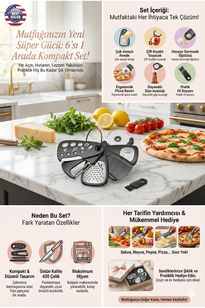 alastore 6 Parça Paslanmaz Çelik Pratik Mutfak Seti-Rende, Pizza Kesici, Soya...