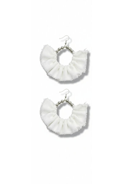 maia Women's Silver Color Hoop Dangle Earrings – White Denim Fabric Beaded De...