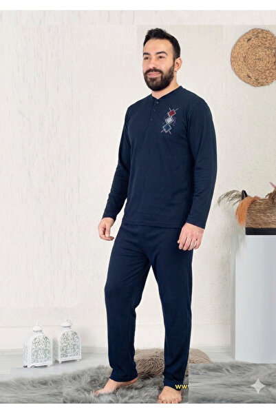 MEBA Men's Interlock Fabric Collar Two Button Winter Thick Navy Blue Pajama Set