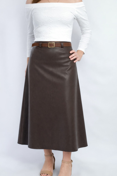 YAXİ MIDI BOY BOL ΚΑΦΕ ΔΕΡΜΑΤΙΝΗ ΦΟΥΣΤΑ ΜΕ ΛΕΠΤΟΜΕΡΕΙΑ ΖΩΝΗΣ