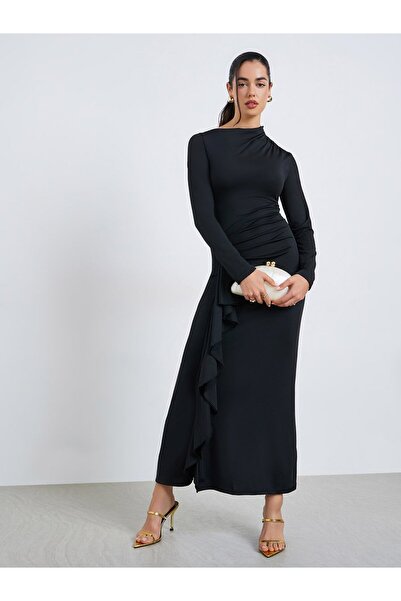 Styli فستان ماكسي أسود ضيق بتفاصيل مكشكشة للنساء