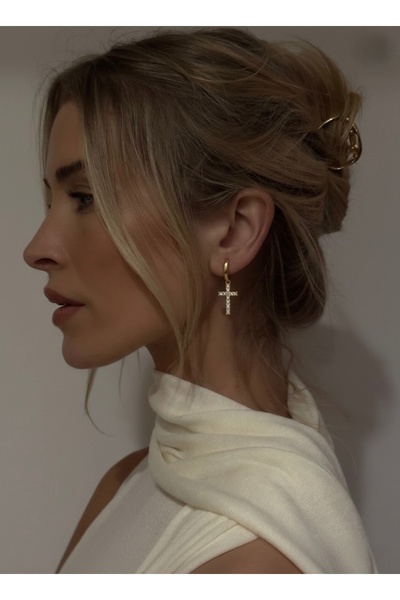 Ra jewels 925 Ayar Gümüş Gold Taşlı Haç Küpe