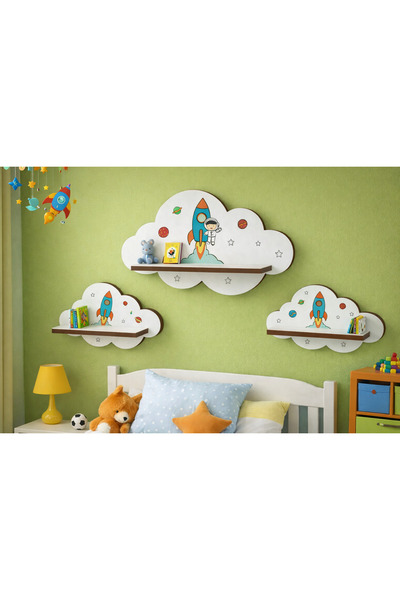 kids town 3'lü Uzay Temalı Bulut Raf Seti -Gezegen Roket Figürlü Ahşap Çocuk ...