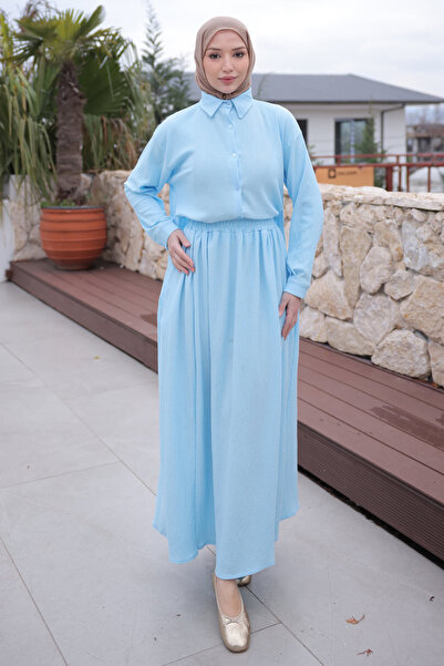 İmajButik Set de cămașă lungă, înfășurată în față, scurtă în spate, albastru